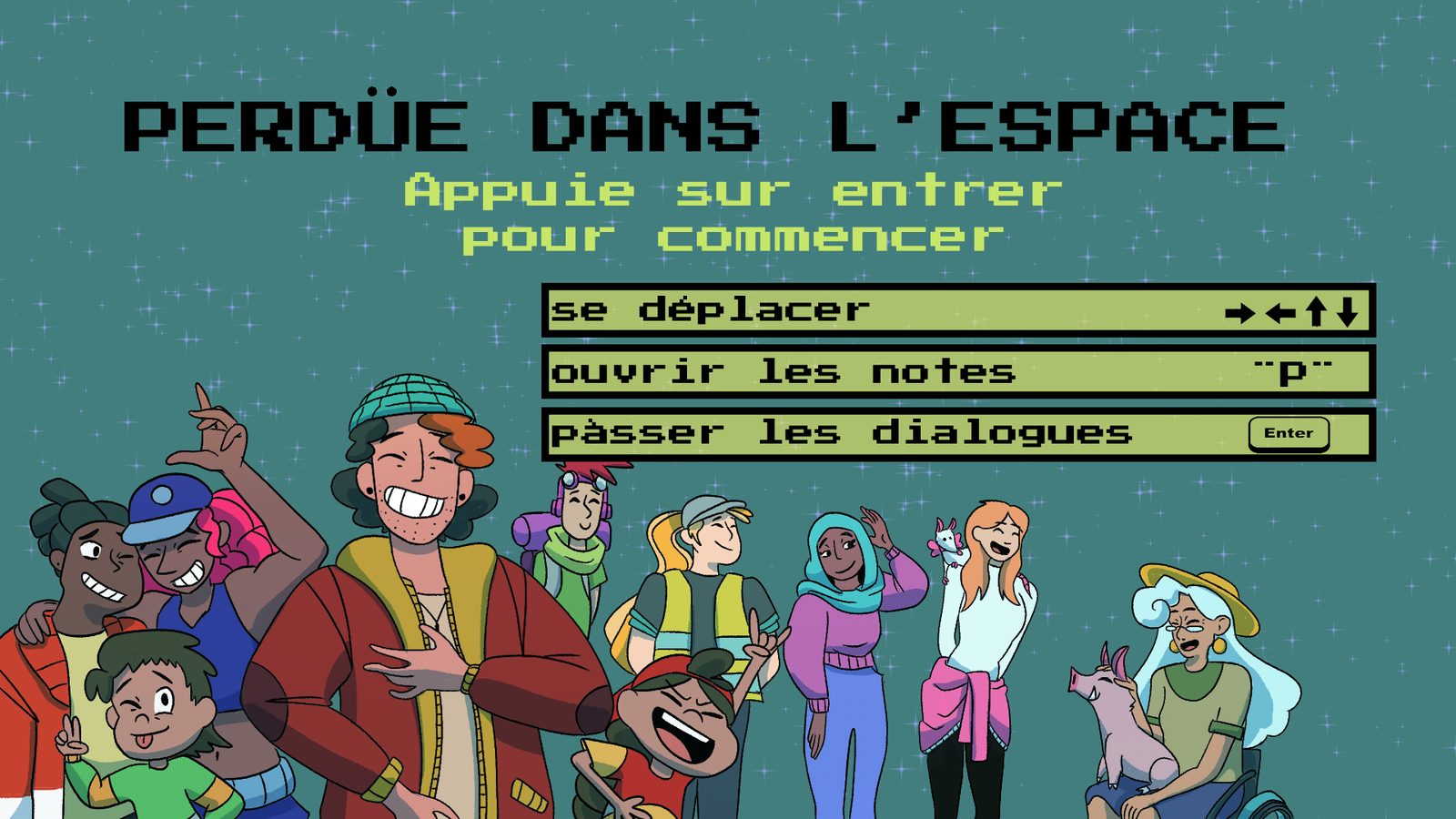 Écran titre du jeu « Perdüe dans l'espace » : une dizaine de personnages souriants dessinés sur un ciel étoilé.